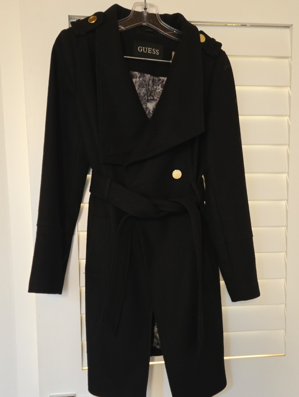 GUESS Black Wool-Blend Belted Trench Coat with Gold Buttons